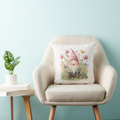 Whimsical Gnome In Garden  Throw Pillow
