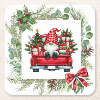 Whimsical Gnome in Red Truck with Christmas Wreath Square Paper Coaster