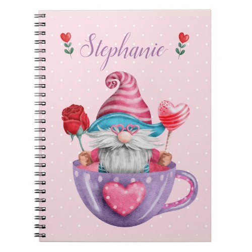 Whimsical Gnome in Tea Cup Hearts  Flowers   Notebook