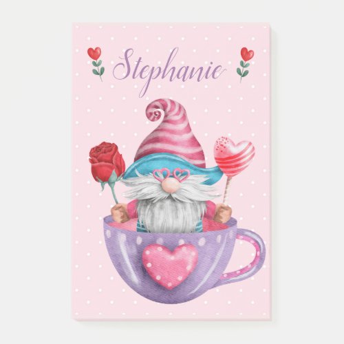 Whimsical Gnome in Tea Cup Hearts  Flowers  Post_it Notes