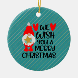 Whimsical Gnome - Merry Christmas Hearts Ceramic Ornament