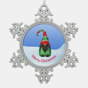Whimsical Gnome on a Snowy Day Snowflake Pewter Christmas Ornament