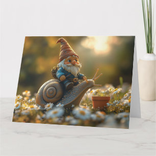 Whimsical Gnome on Snail Ride Magical Garden Scene Card