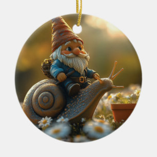 Whimsical Gnome on Snail Ride Magical Garden Scene Ceramic Ornament