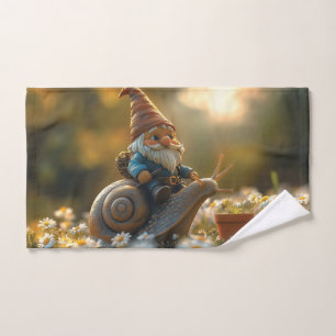 Whimsical Gnome on Snail Ride Magical Garden Scene Hand Towel