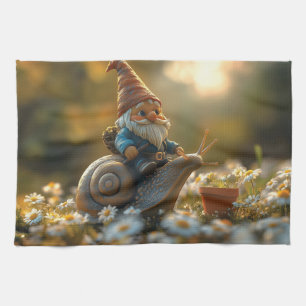 Whimsical Gnome on Snail Ride Magical Garden Scene Kitchen Towel