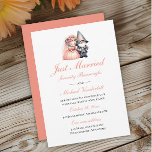 Whimsical Gnome Orange Just Married Wedding  Announcement