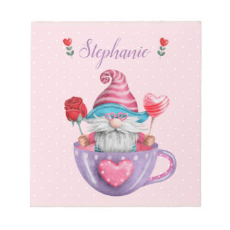 Whimsical Gnome Sits in Tea Cup Hearts & Flowers  Notepad