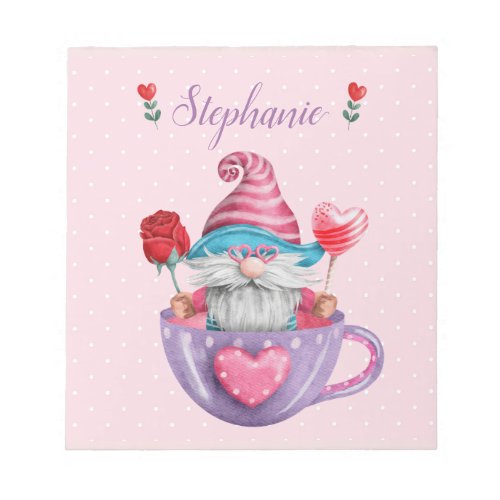 Whimsical Gnome Sits in Tea Cup Hearts  Flowers  Notepad
