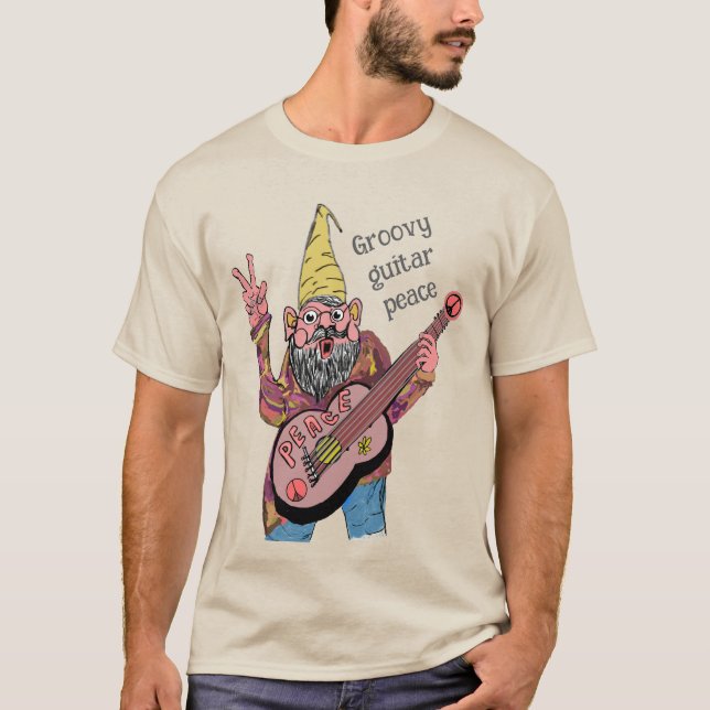 Whimsical Gnome with Peace Guitar, Groovy 60s Vibe T-Shirt (Front)
