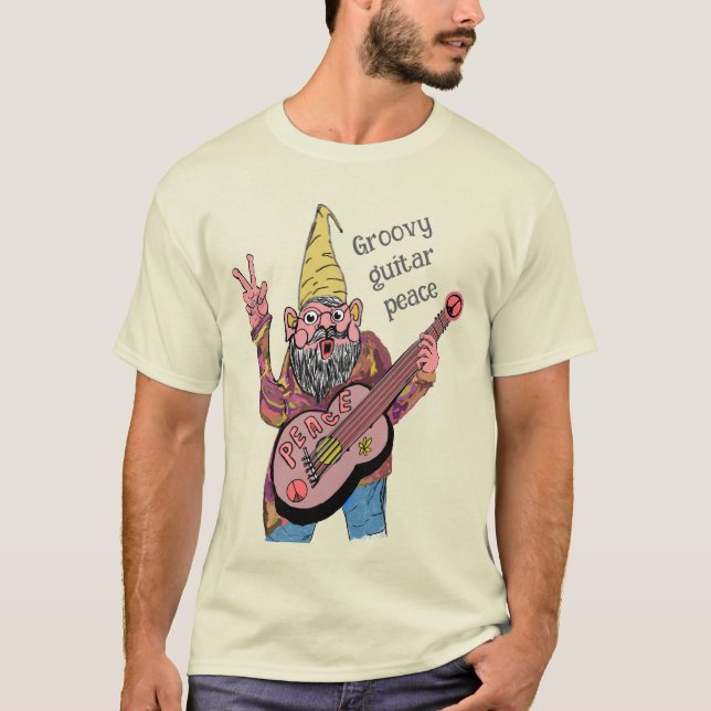 Whimsical Gnome with Peace Guitar, Groovy 60s Vibe T-Shirt (Front)