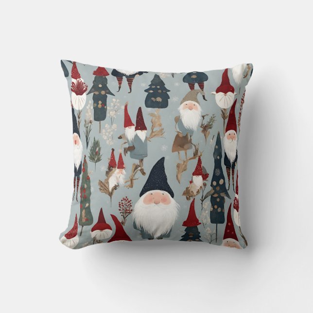 Whimsical Gnomes and Christmas Trees  Throw Pillow (Front)