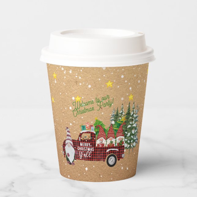 Whimsical Gnomes in Red Truck Christmas Party   Paper Cups (Front)