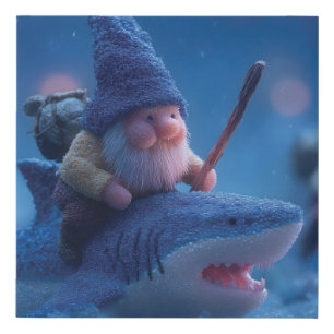 Whimsical Gnomes Riding on Sharks Faux Canvas Print