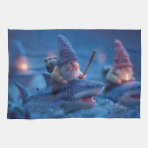 Whimsical Gnomes Riding on Sharks Kitchen Towel
