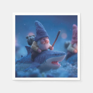 Whimsical Gnomes Riding on Sharks Napkins