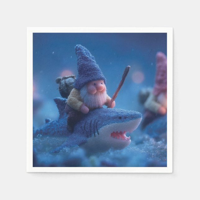 Whimsical Gnomes Riding on Sharks Napkins (Front)
