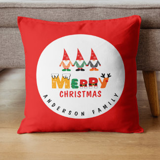 Whimsical Gnomes with Name Red & White Christmas Throw Pillow