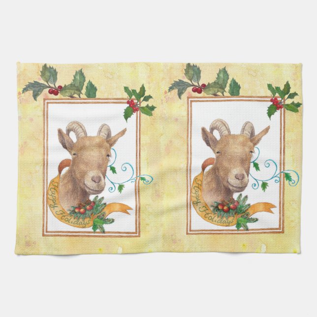 Whimsical Goat Christmas Greetings Kitchen Towel (Horizontal)