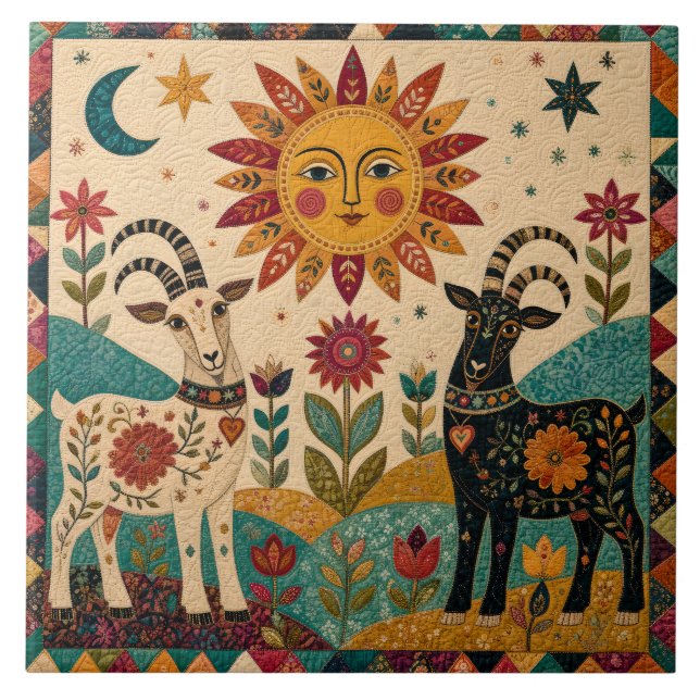 Whimsical Goats Folk Art  Ceramic Tile (Front)