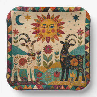 Whimsical Goats Folk Art Paper Plates
