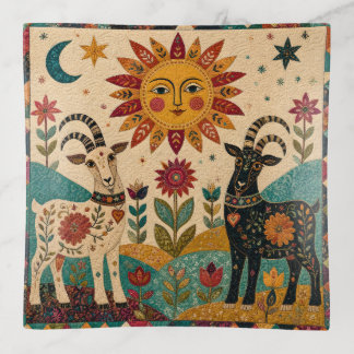 Whimsical Goats Folk Art Trinket Tray
