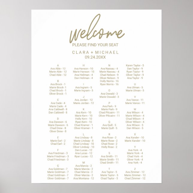 Whimsical Gold Alphabetical Wedding Seating Chart (Front)