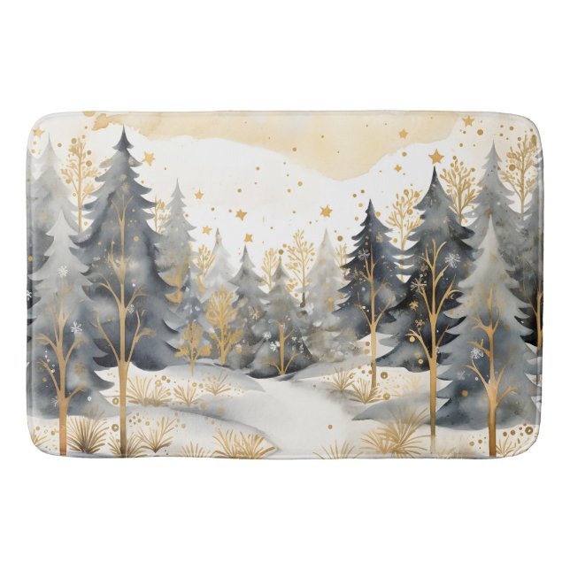 Whimsical Gold and Gray Winter in the Woods Bath Mat (Front)