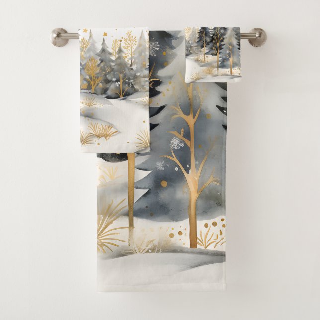 Whimsical Gold and Gray Winter in the Woods Bath Towel Set (Insitu)
