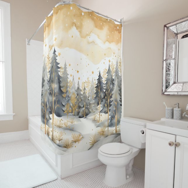 Whimsical Gold and Gray Winter in the Woods Shower Curtain (In Situ)