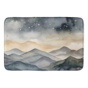 Whimsical Gold and Navy Mountains Starry Night Bath Mat