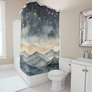 Whimsical Gold and Navy Mountains Starry Night Shower Curtain