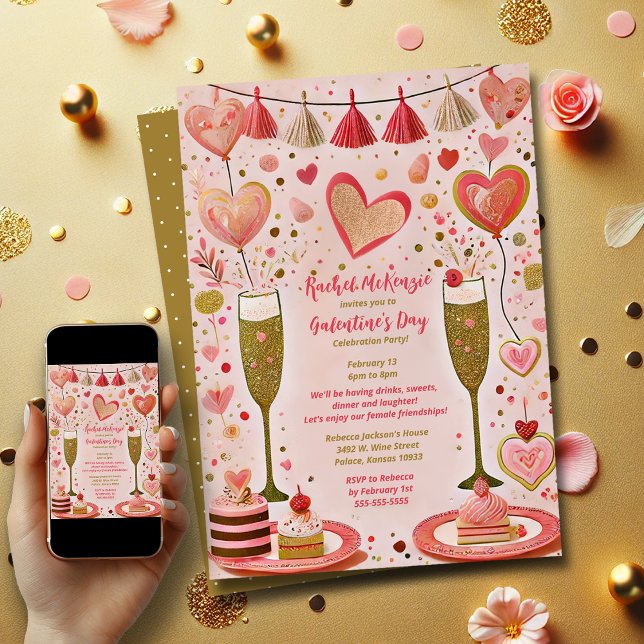 Whimsical Gold and Red Galentine's Day Party  Invitation (Galentine's Day Party)