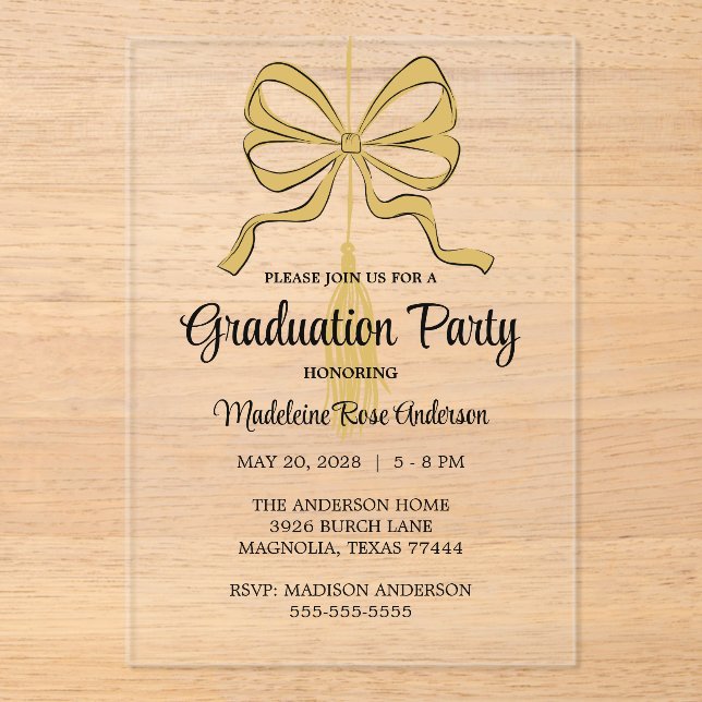 Whimsical Gold Black Doodle Graduation Tassel Acrylic Invitations (Front)