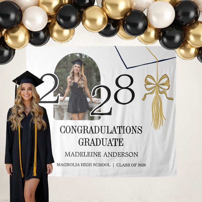 Whimsical Gold Black Photo Doodle Graduation Tapestry (Creator Uploaded)