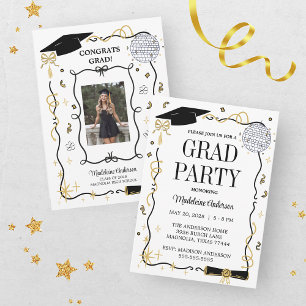 Whimsical Gold BlackPhoto Doodle Graduation Invitation