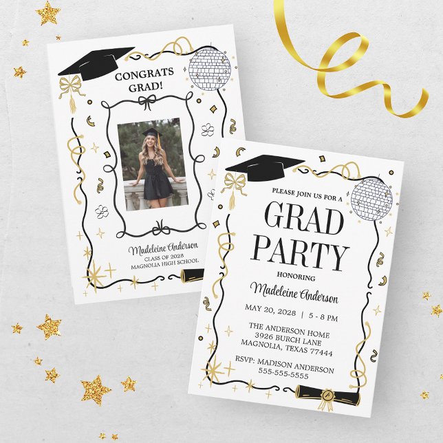 Whimsical Gold BlackPhoto Doodle Graduation Invitation (Creator Uploaded)