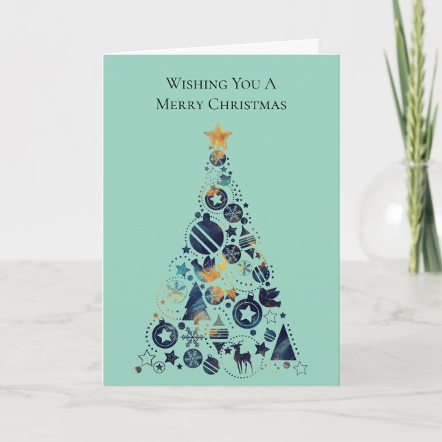 Whimsical Gold Blue Mint Christmas Tree Card (Front)
