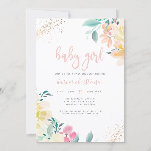 Whimsical Gold Blush Pink Floral Girl Baby Shower Invitation