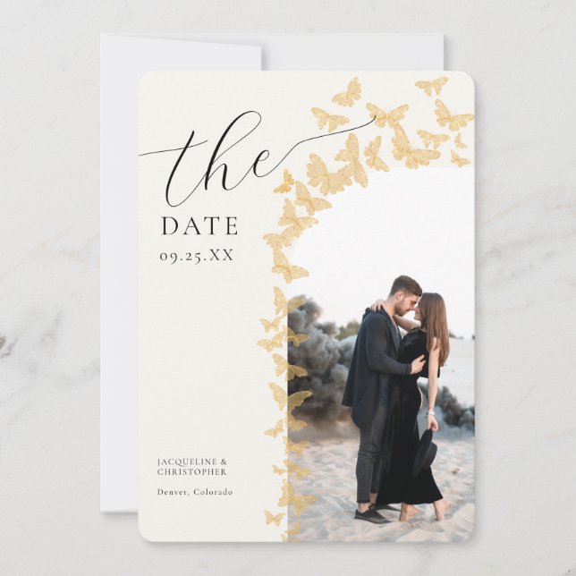 Whimsical Gold Butterflies Boho Photo Arch Wedding Save The Date (Front)