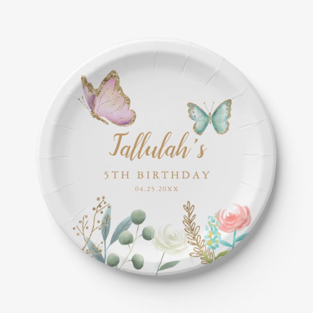 Whimsical Gold Butterfly Garden Birthday Party Paper Plates (Front)