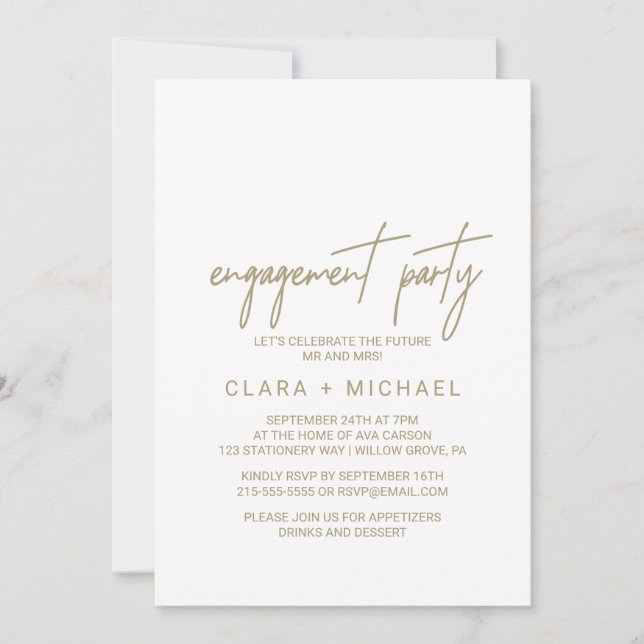 Whimsical Gold Calligraphy Engagement Party Invitation (Front)