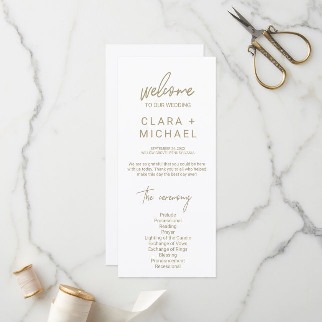 Whimsical Gold Calligraphy Wedding Program (Front/Back In Situ)