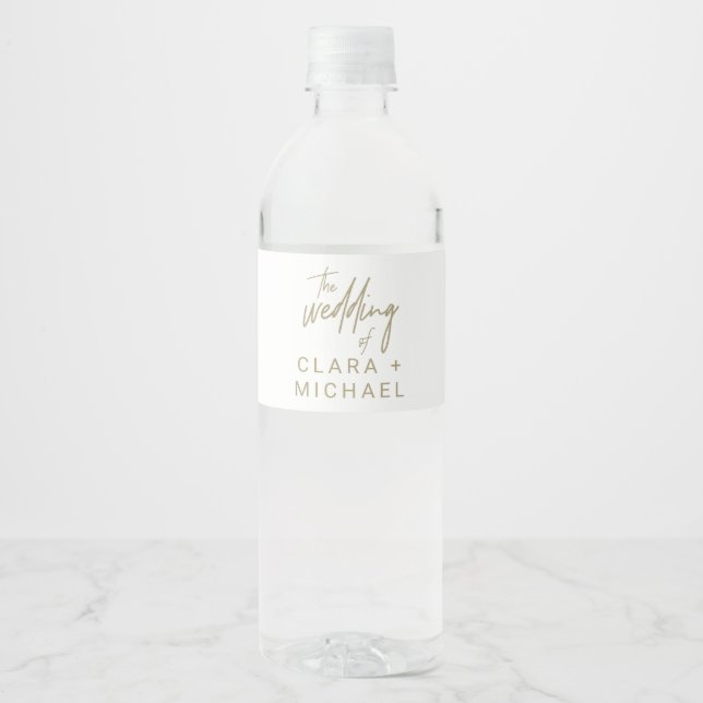 Whimsical Gold Calligraphy Wedding Water Bottle Label (Front)