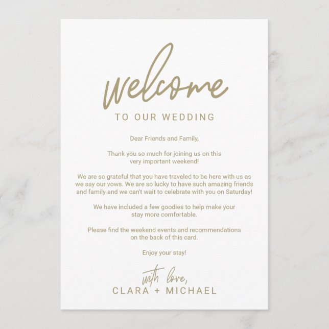 Whimsical Gold Calligraphy Wedding Welcome Letter Program (Front)