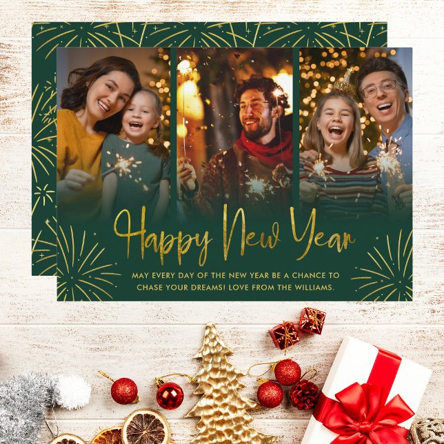 Whimsical Gold Fireworks Happy New Year Photo  Holiday Card (Creator Uploaded)