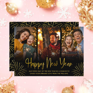 Whimsical Gold Fireworks Happy New Year Photo  Holiday Card