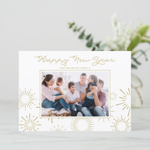 Whimsical Gold Fireworks Happy New Year Photo Holiday Card