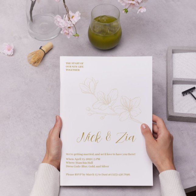 Whimsical Gold Flower Minimal White Invitation (Gold Flower Minimal White Wedding Invitation)