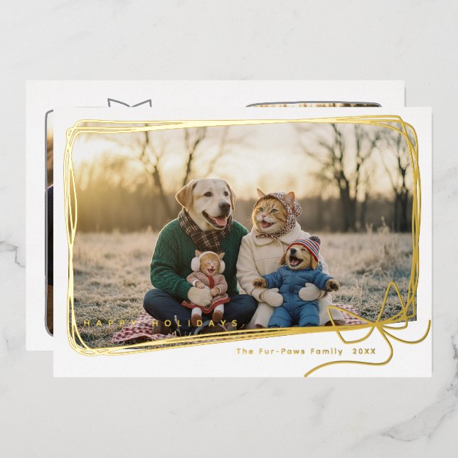Whimsical Gold Foil Ribbon Frame Holiday Photo (Front/Back)